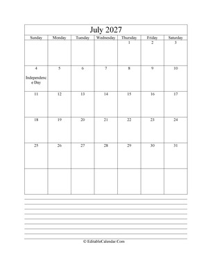 2027 calendar july with holidays and notes portrait