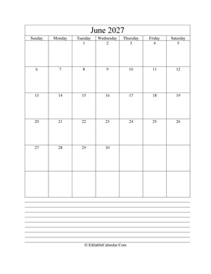 2027 calendar june with holidays and notes portrait