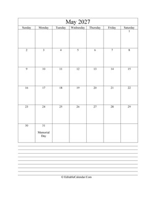 2027 calendar may with holidays and notes portrait