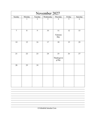 2027 calendar november with holidays and notes portrait