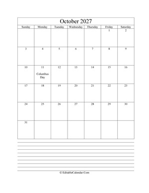 2027 calendar october with holidays and notes portrait