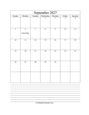 2027 calendar september with holidays and notes portrait