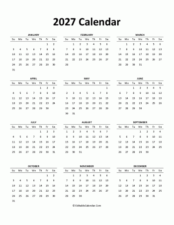 2027 free printable calendar editable