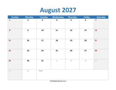 2027 printable calendar august