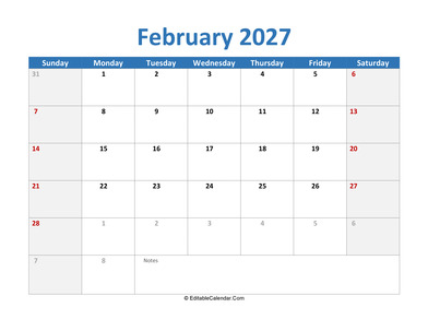 2027 printable calendar february