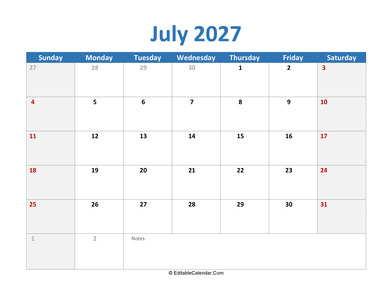 2027 printable calendar july