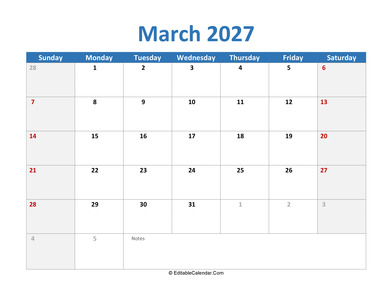 2027 printable calendar march