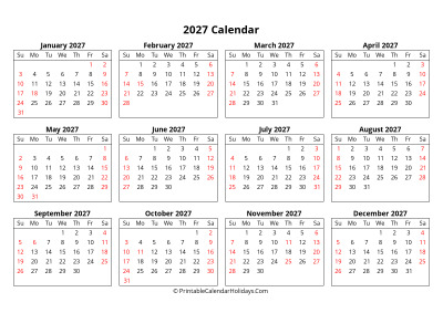 2027 yearly calendar week starts sunday