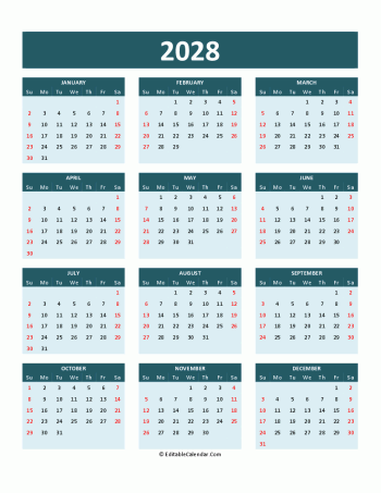 2028 calendar printable in word, pdf