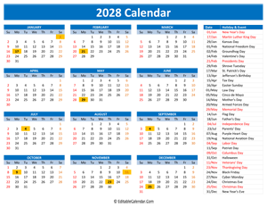 2028 printable calendar holidays blue style