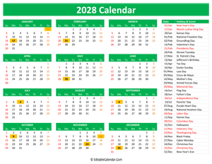 2028 printable calendar holidays green style