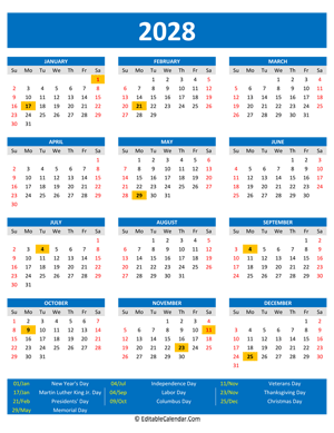 2028 printable calendar holidays portrait blue style