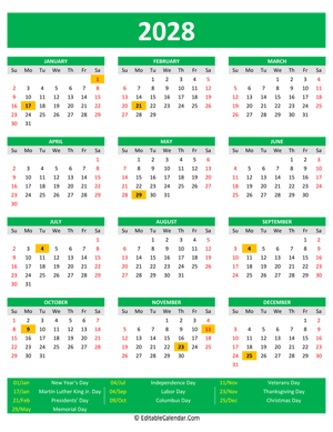 2028 printable calendar holidays portrait green style