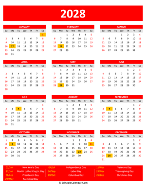 2028 printable calendar holidays portrait red style