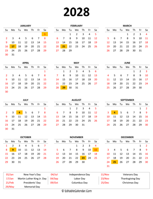 2028 printable calendar with holidays (portrait)