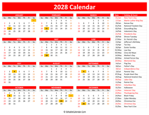 2028 printable calendar holidays red style