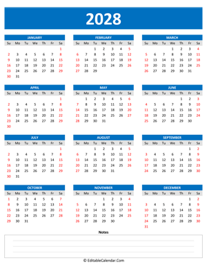 2028 yearly calendar notes portrait blue style