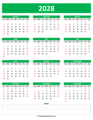2028 yearly calendar notes portrait green style