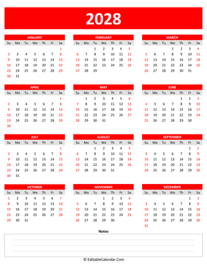 2028 yearly calendar notes portrait red style
