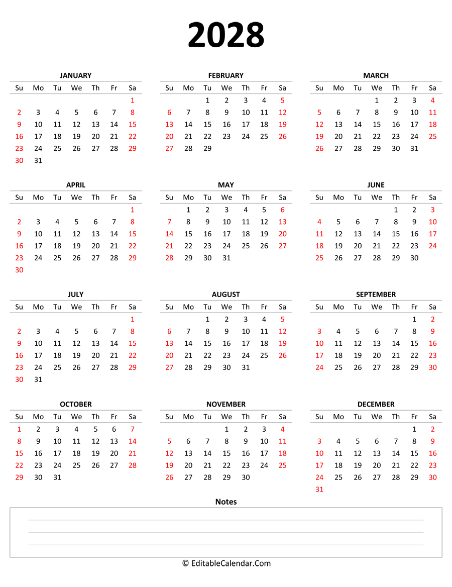 2028 yearly calendar notes portrait