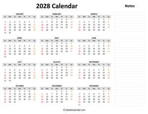 2028 yearly calendar with notes