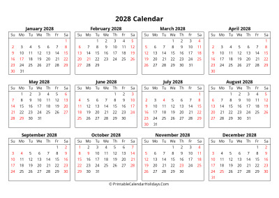 2028 yearly calendar week starts sunday