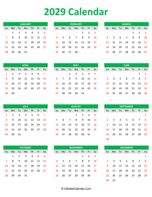 2029 calendar portrait green style