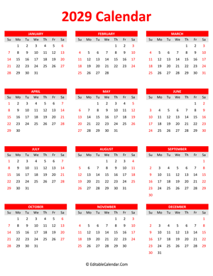2029 calendar portrait red style