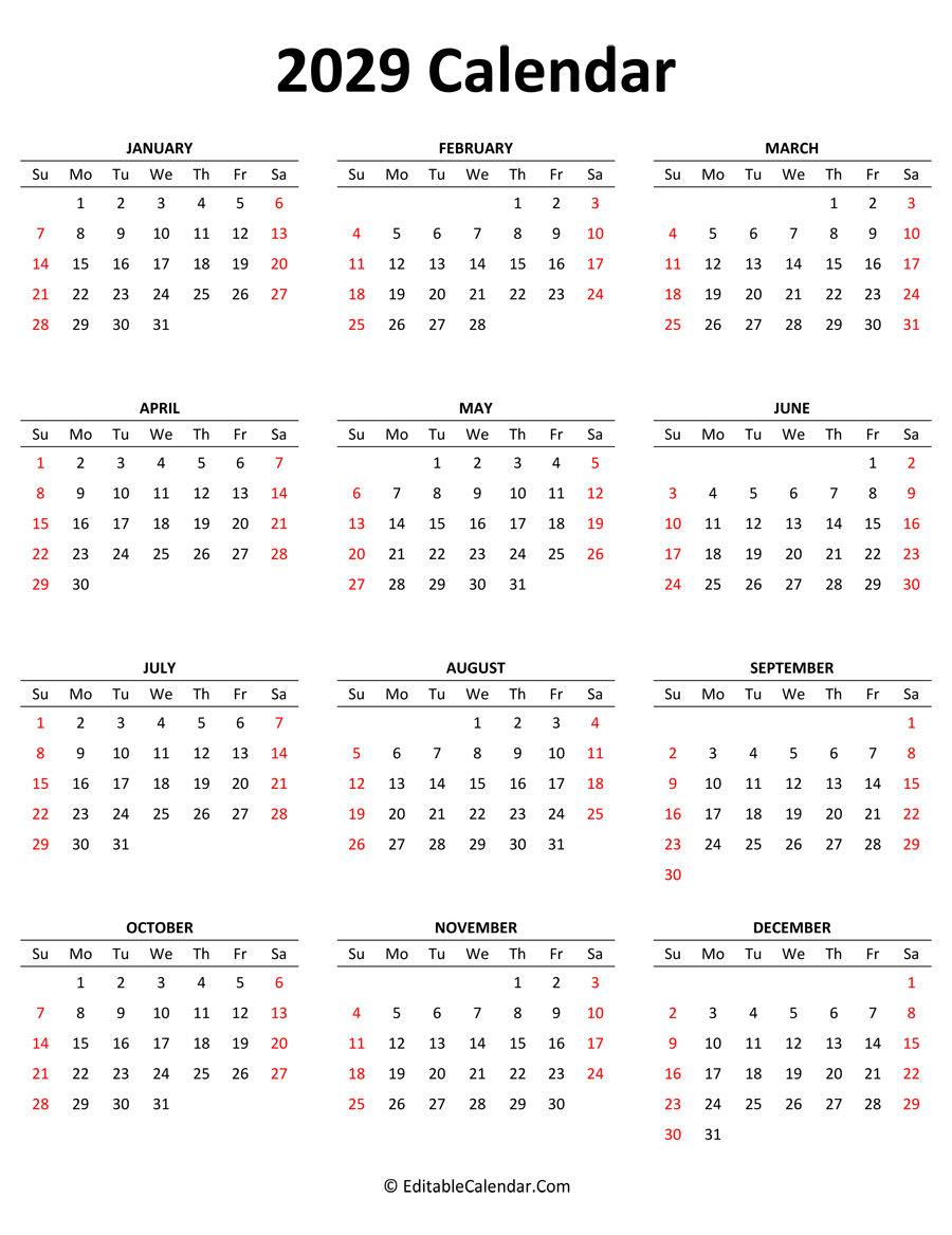 2029 calendar portrait