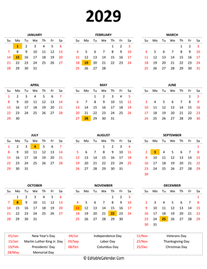 2029 printable calendar with holidays (portrait)