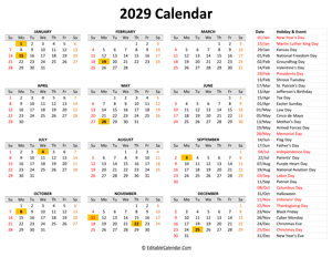 2029 printable calendar with holidays