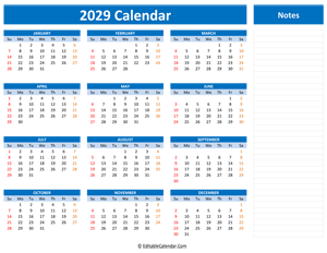 2029 yearly calendar notes blue style