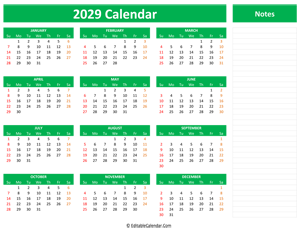2029 yearly calendar notes green style
