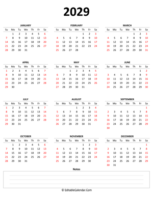 2029 yearly calendar with notes (portrait)