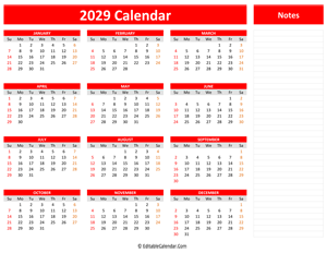 2029 yearly calendar notes red style