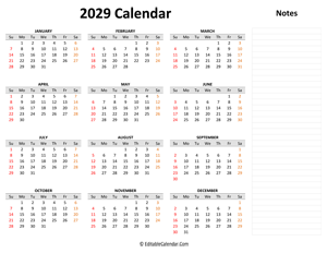 2029 yearly calendar with notes