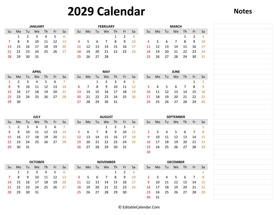 2029 yearly calendar notes