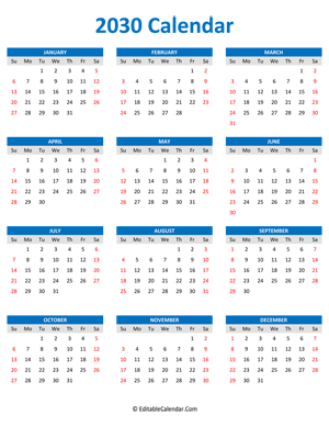2030 calendar portrait blue style
