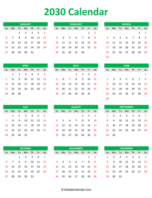 2030 calendar portrait green style