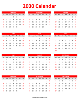 2030 calendar portrait red style