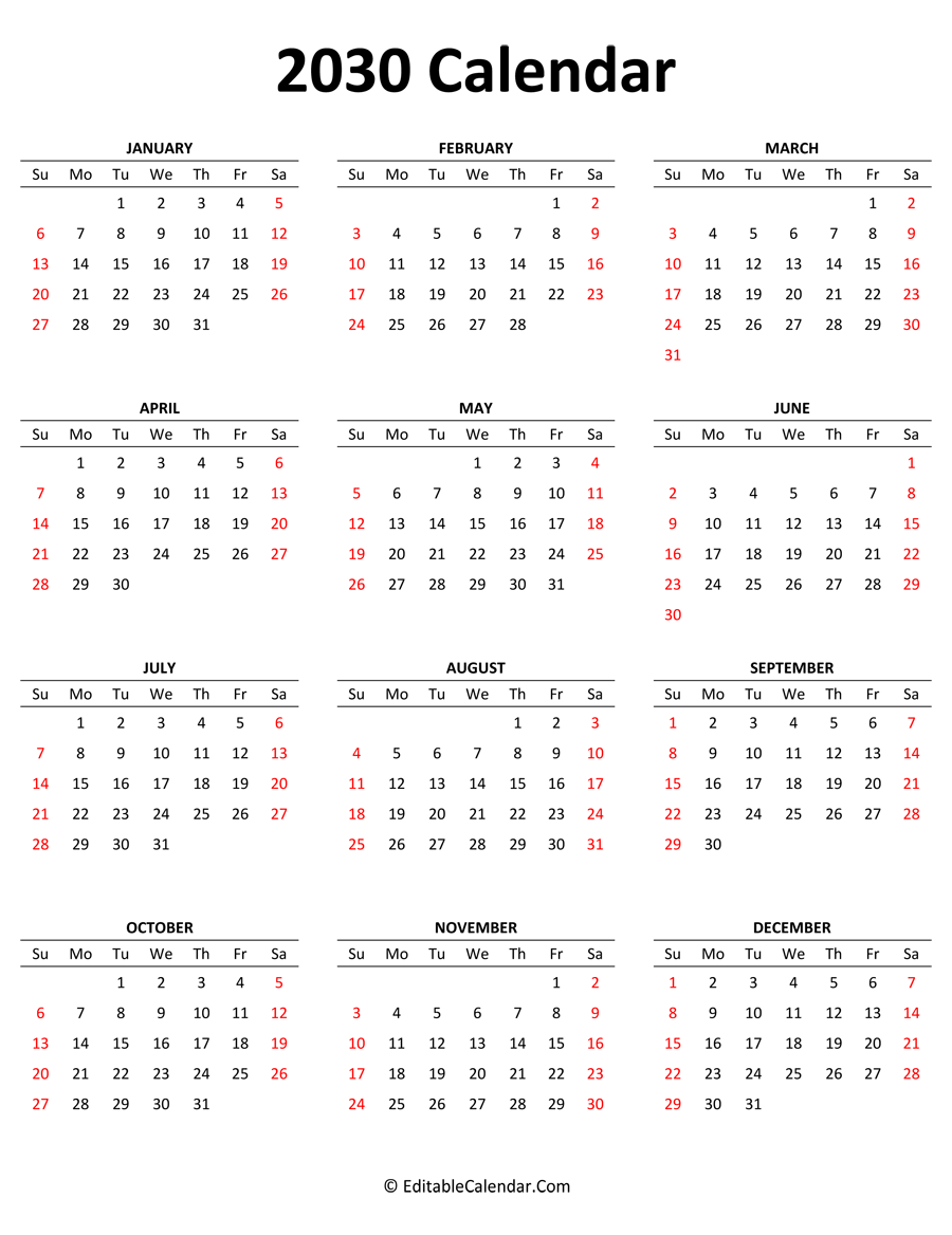 2030 calendar portrait