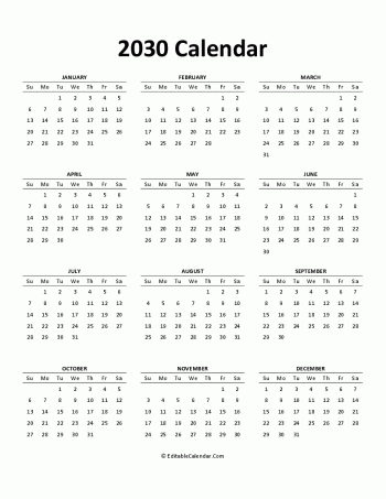 2030 free printable calendar editable
