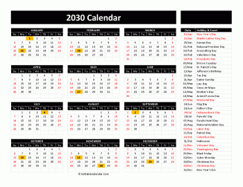 2030 printable calendar free