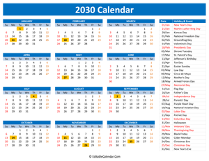 2030 printable calendar holidays blue style