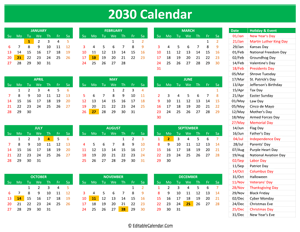 2030 printable calendar holidays green style