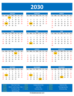 2030 printable calendar holidays portrait blue style