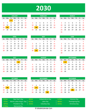 2030 printable calendar holidays portrait green style