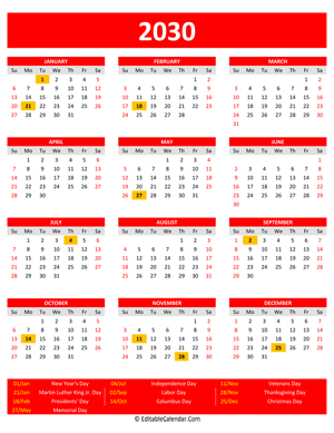 2030 printable calendar holidays portrait red style