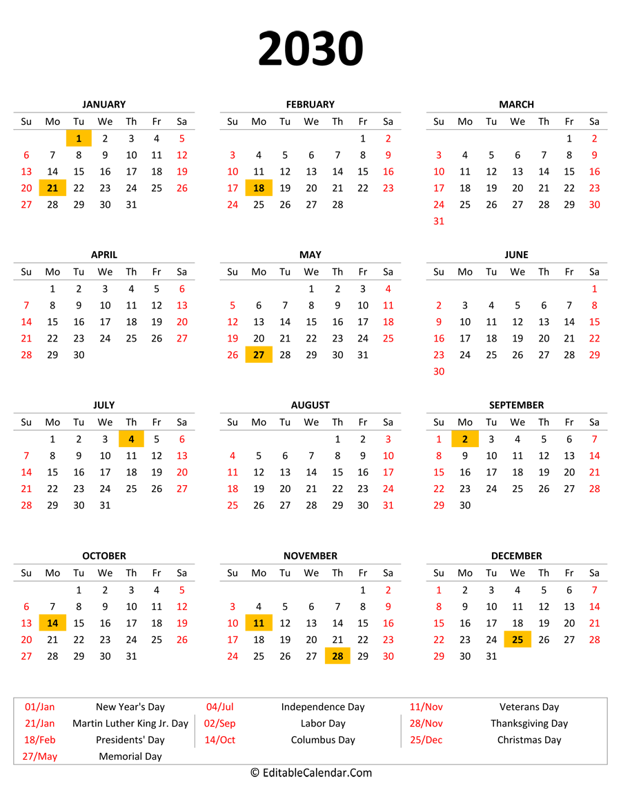 2030 printable calendar holidays portrait