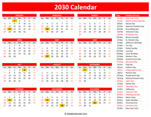 2030 printable calendar holidays red style